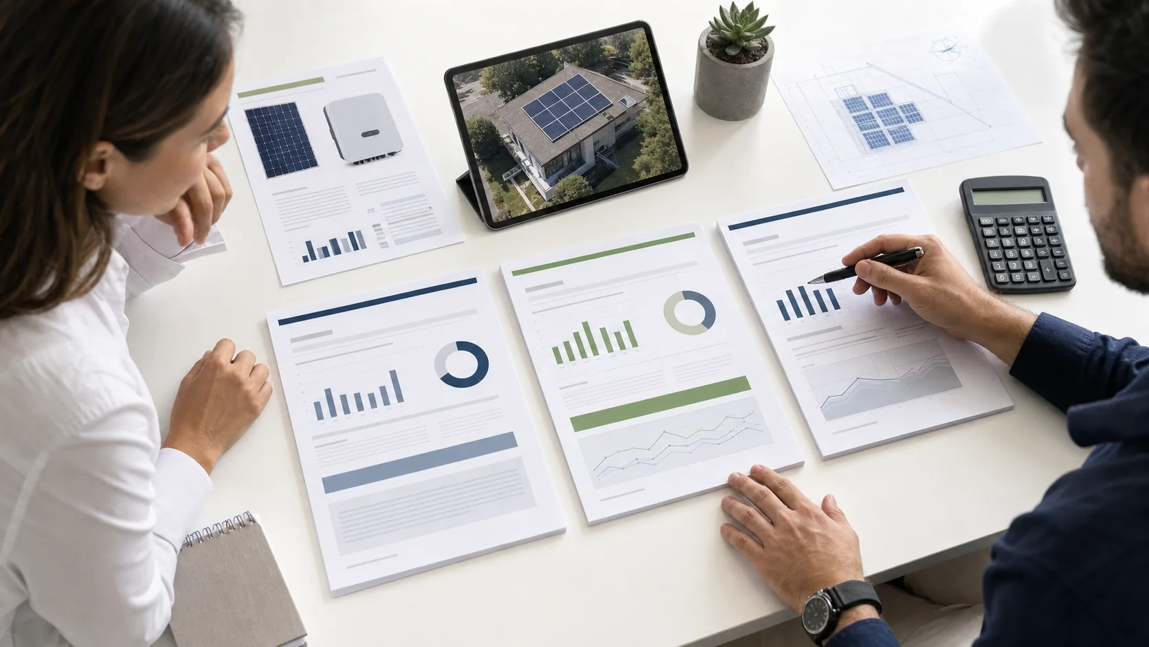 Dos personas comparando propuestas técnicas de sistemas solares
