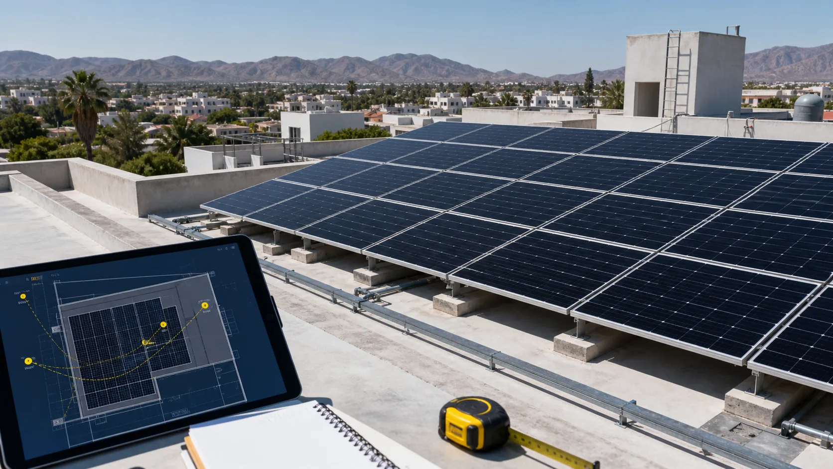 Ingeniero revisando un plano fotovoltaico con una instalación solar al fondo