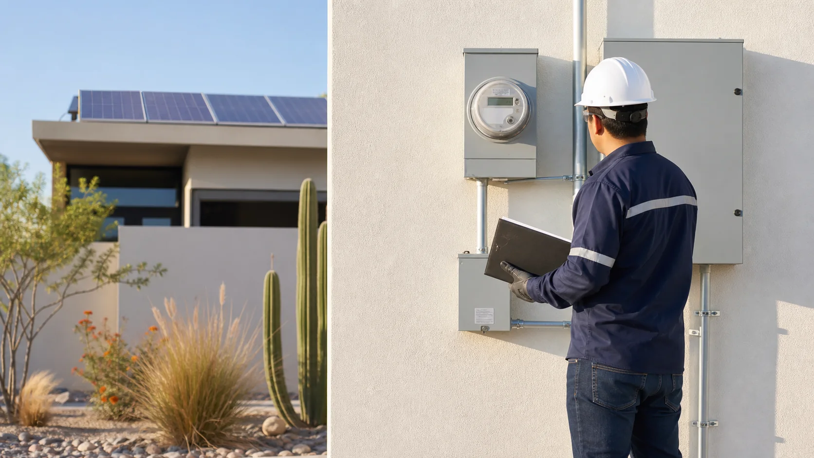 Técnico revisando una interconexión eléctrica en una vivienda con paneles solares