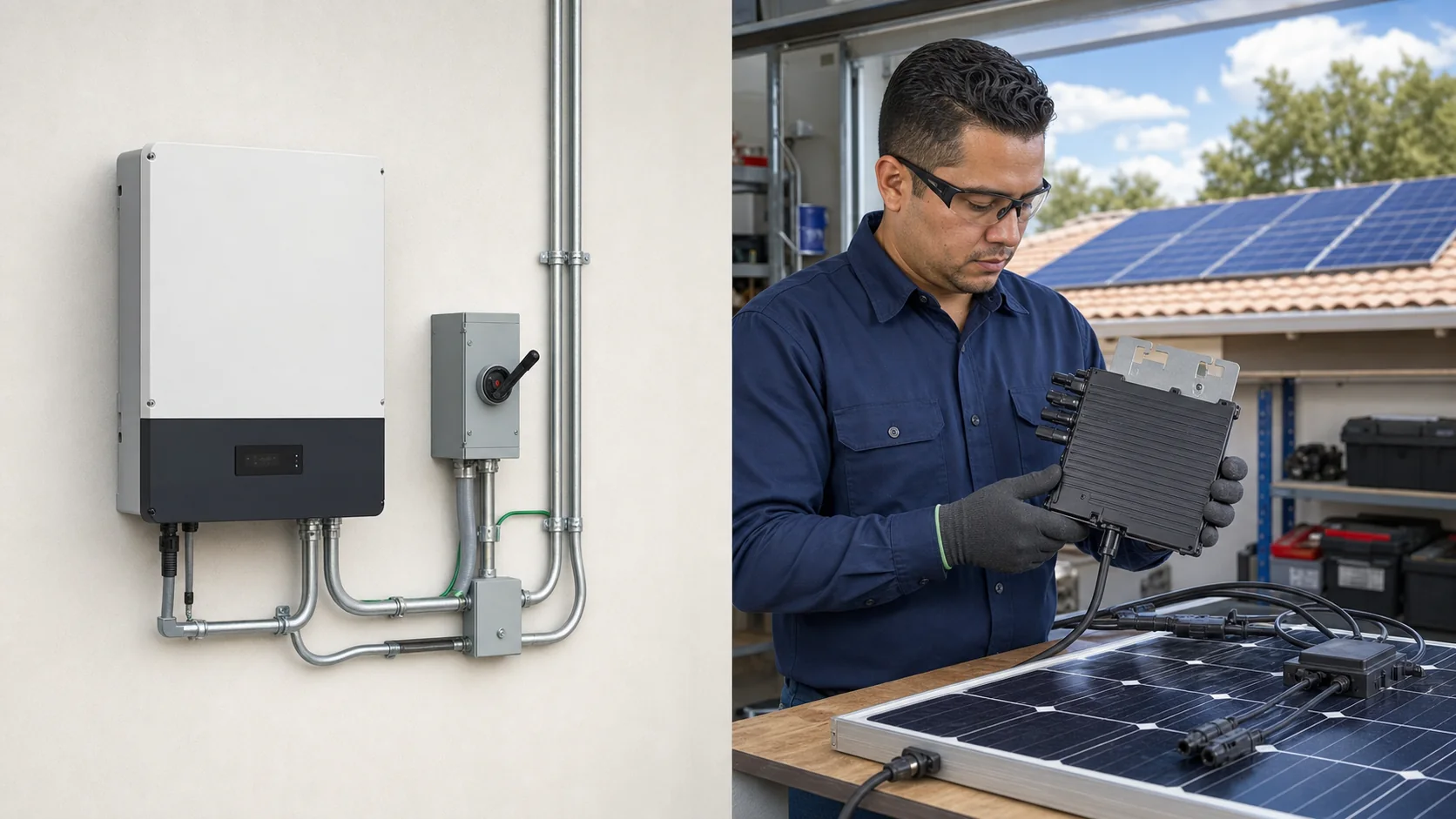 Inversor central y técnico revisando un microinversor solar