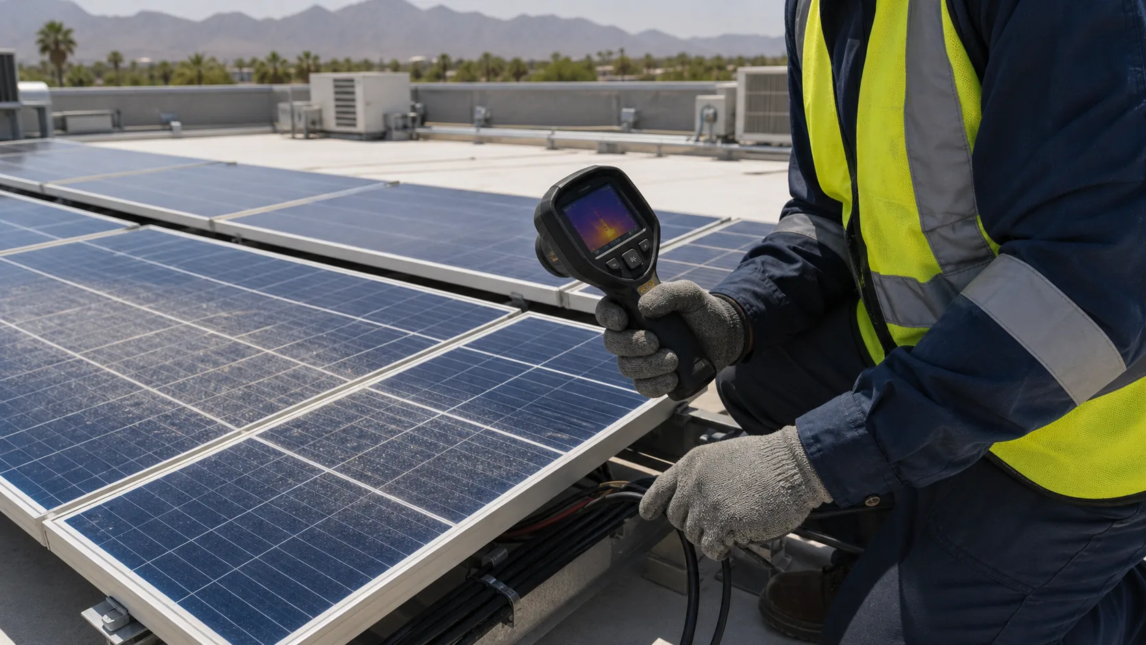 Técnico inspeccionando paneles solares en una cubierta