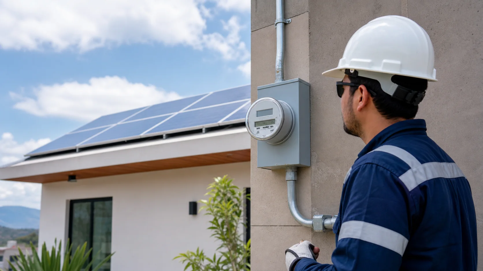 Técnico observando un medidor digital en una vivienda con paneles solares