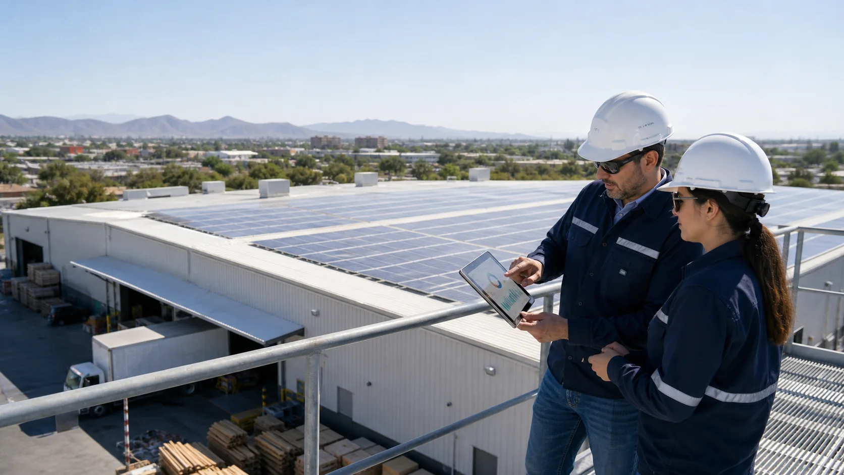 Responsables de una empresa revisando datos de una instalación solar comercial