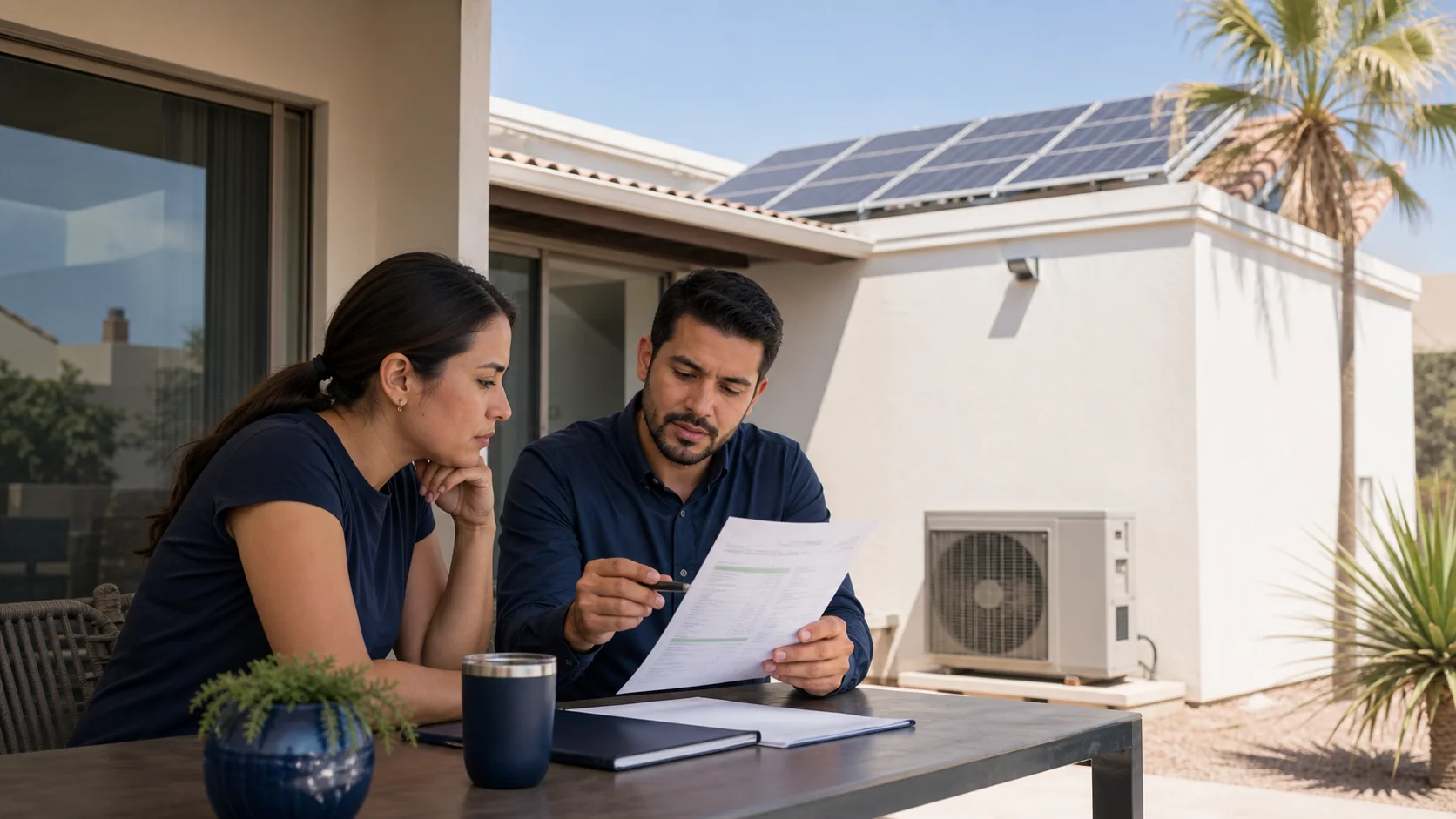 Propietaria y asesor revisando consumo eléctrico en una casa con paneles solares