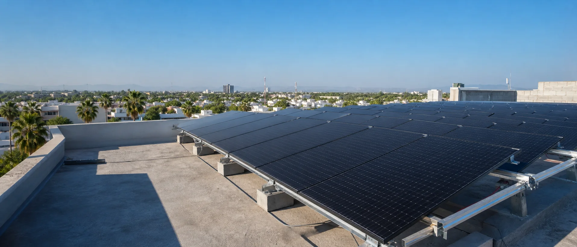 Sistema fotovoltaico sobre una cubierta con vista urbana de Sinaloa